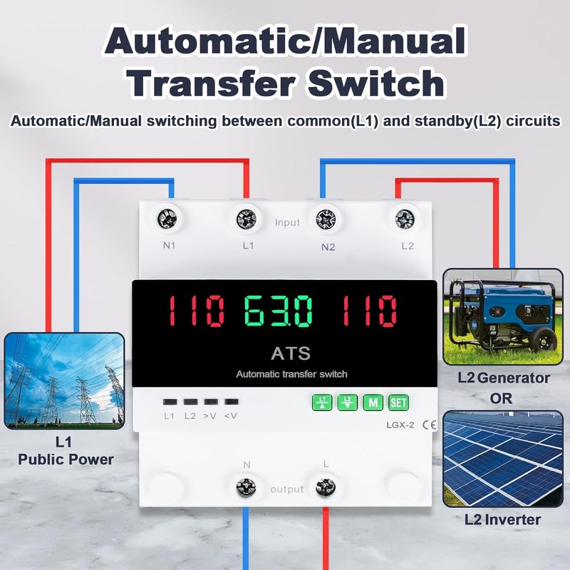 MARSTEK 63A 110V Automatic/Manual Transfer Switch, DIN Rail Mount 110V for Generator Backup Power & Gas Furnace, 50/60Hz, LED Display, CE Certified - Image 3